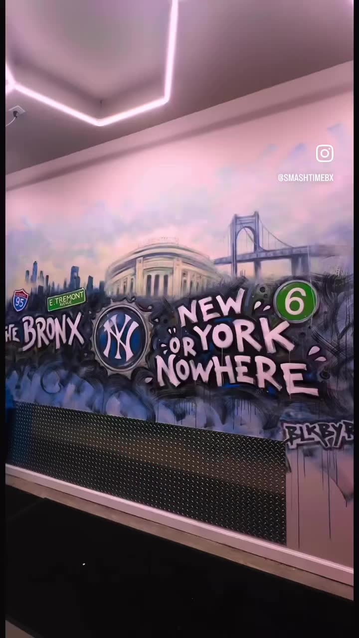 The mural inside the shop reading New York or Nowhere